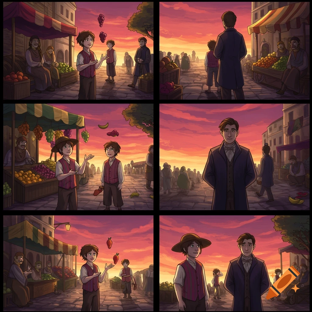 A six-panel cartoon comic strip shows a boy juggling fruit in a bustling market square at sunset, observed by another boy and an adult man.