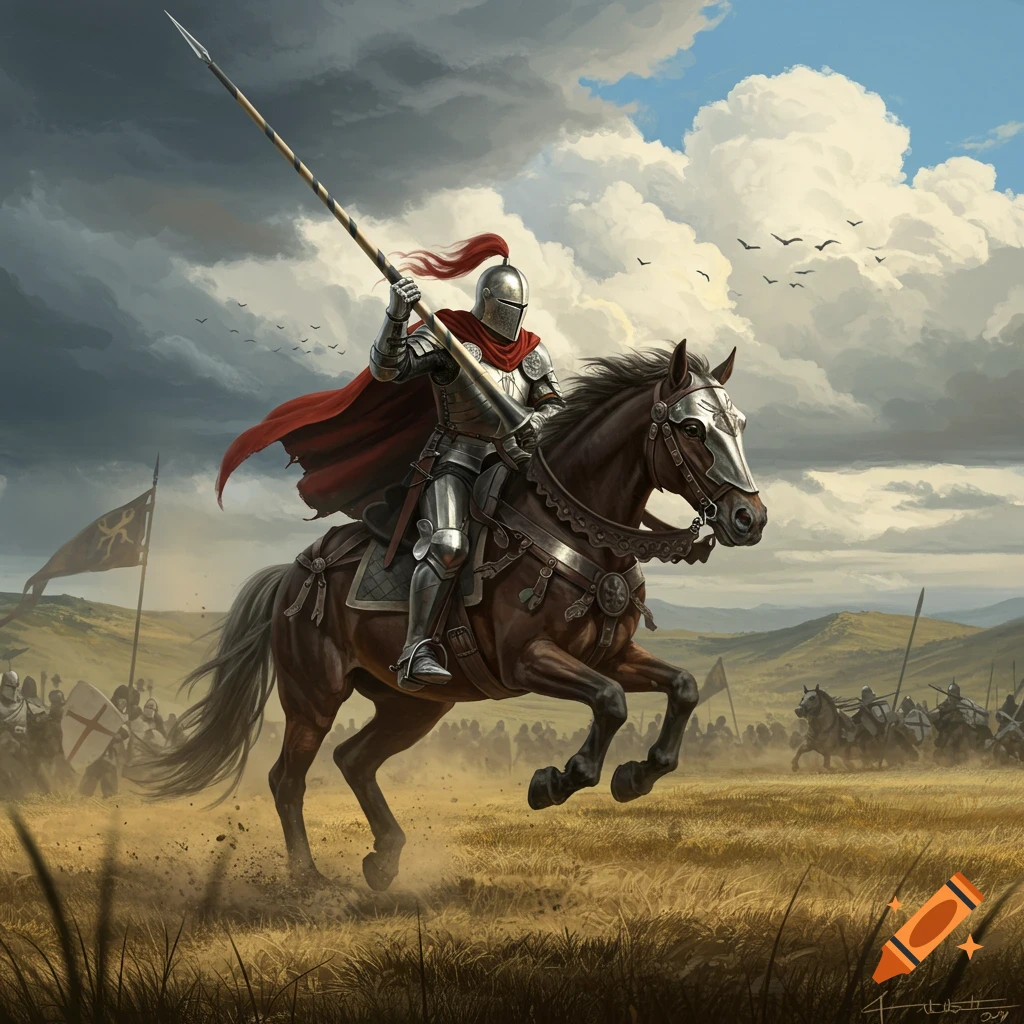 A knight in shining armor on a charging brown horse holds a lance across a battlefield with other soldiers under a cloudy sky.