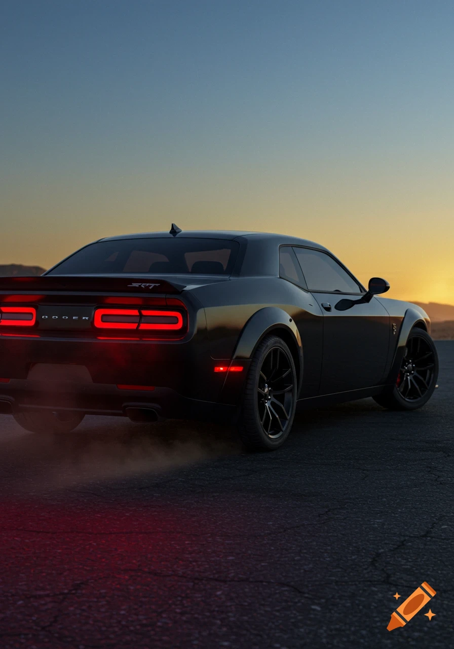 A black Dodge Challenger SRT viewed from the rear, with its taillights on, generating smoke as it drives on an asphalt road at sunset.