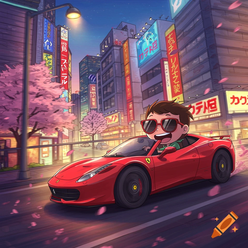Cartoon drawing of a kid in a red Ferrari driving through a vibrant Tokyo street with cherry blossoms and neon signs at dusk.