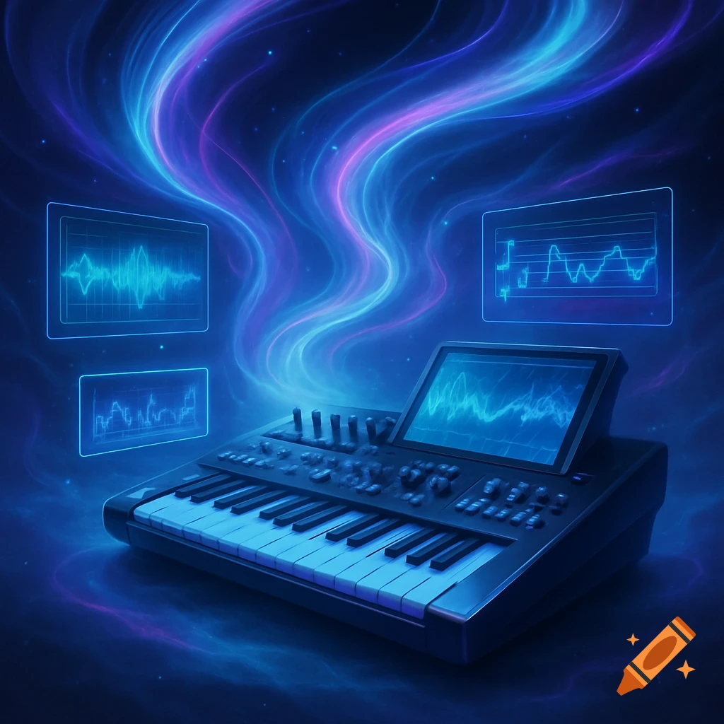 A glowing blue and purple synthesizer with waveforms displayed on screens, against a cosmic background.