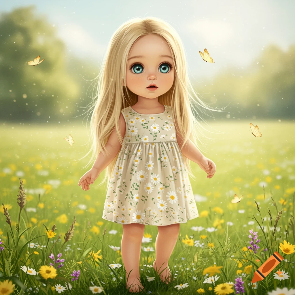 A stylized illustration of a blonde toddler with big blue eyes, standing barefoot in a vibrant field of wildflowers with butterflies.