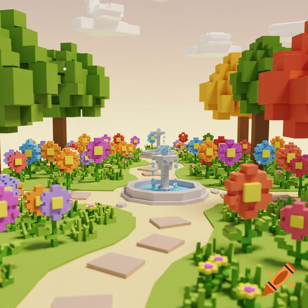 A vibrant voxel art garden featuring colorful blocky flowers, trees, stone fountains, and a winding path under a light sky.