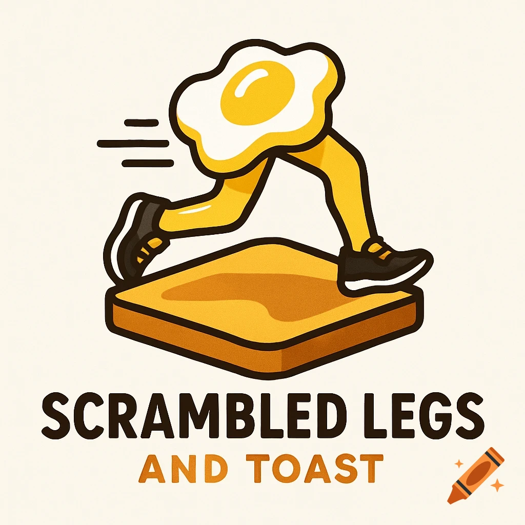 Cartoon logo of a running fried egg with legs and sneakers on a slice of toast, with the text 'SCRAMBLED LEGS AND TOAST'.