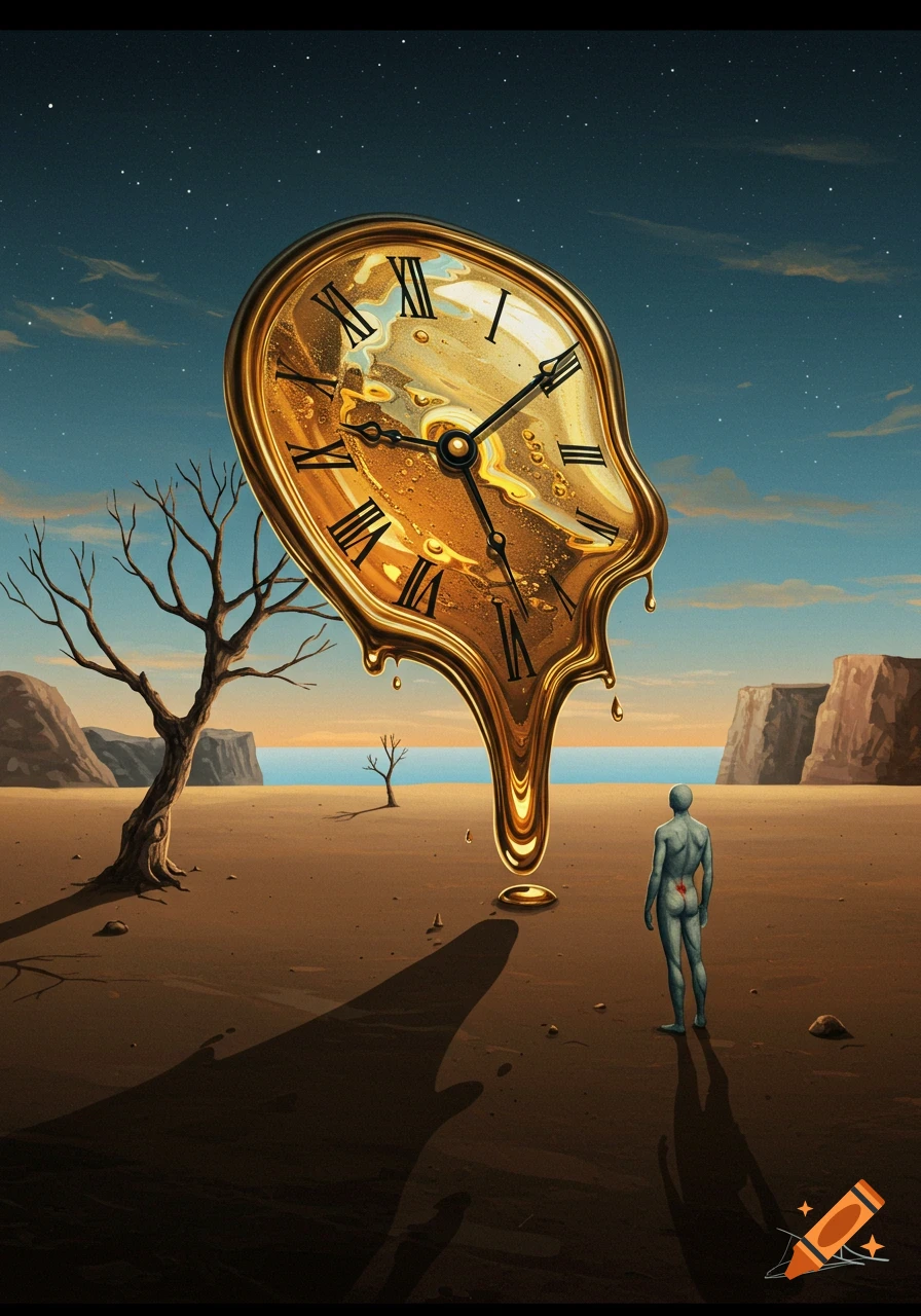 A surreal desert scene inspired by Salvador Dali, featuring a large, melting golden clock, a barren tree, and a lone figure gazing at the clock, under a starry sky.