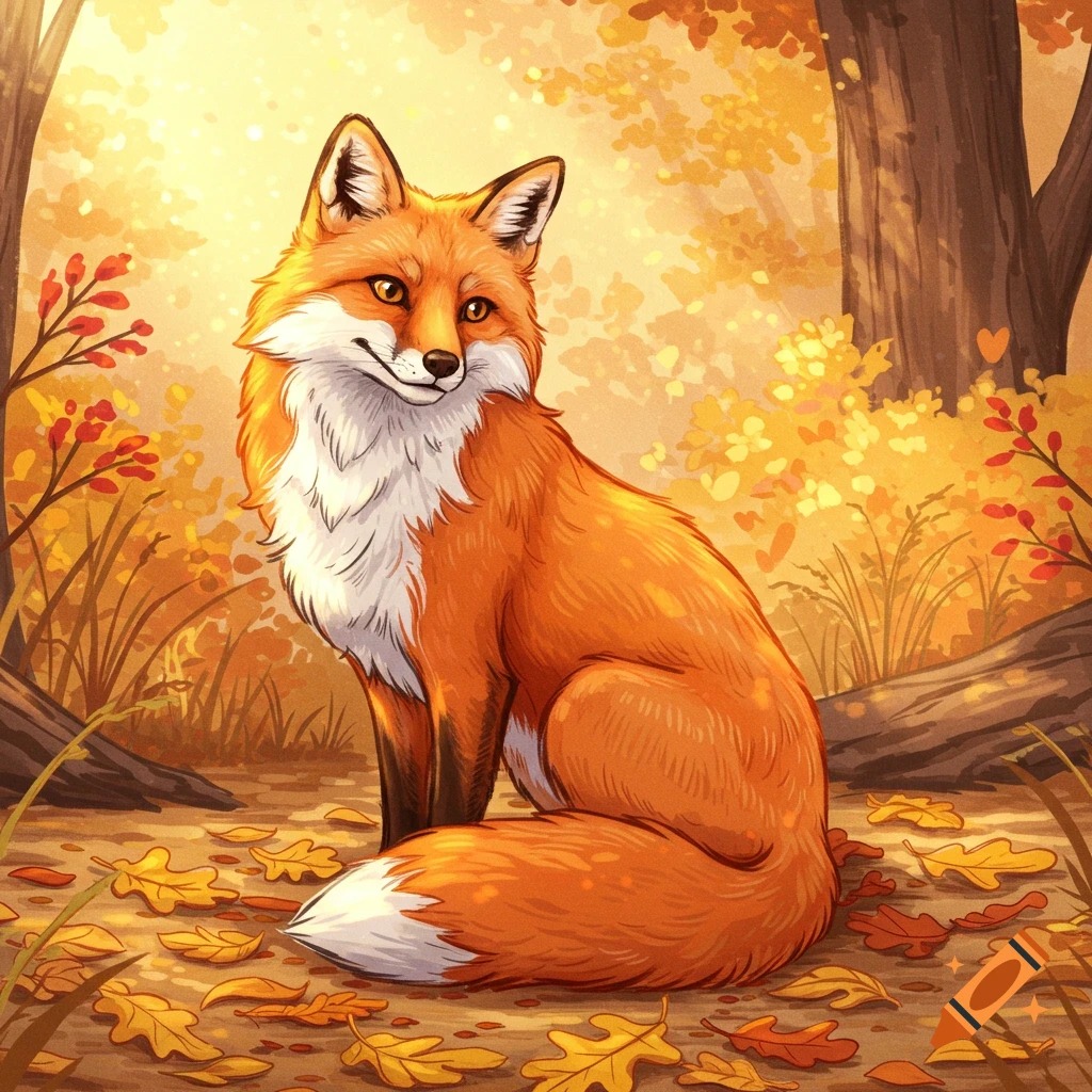 A colorful, stylized illustration of an orange fox with a white chest, sitting among fallen leaves in a bright autumn forest.