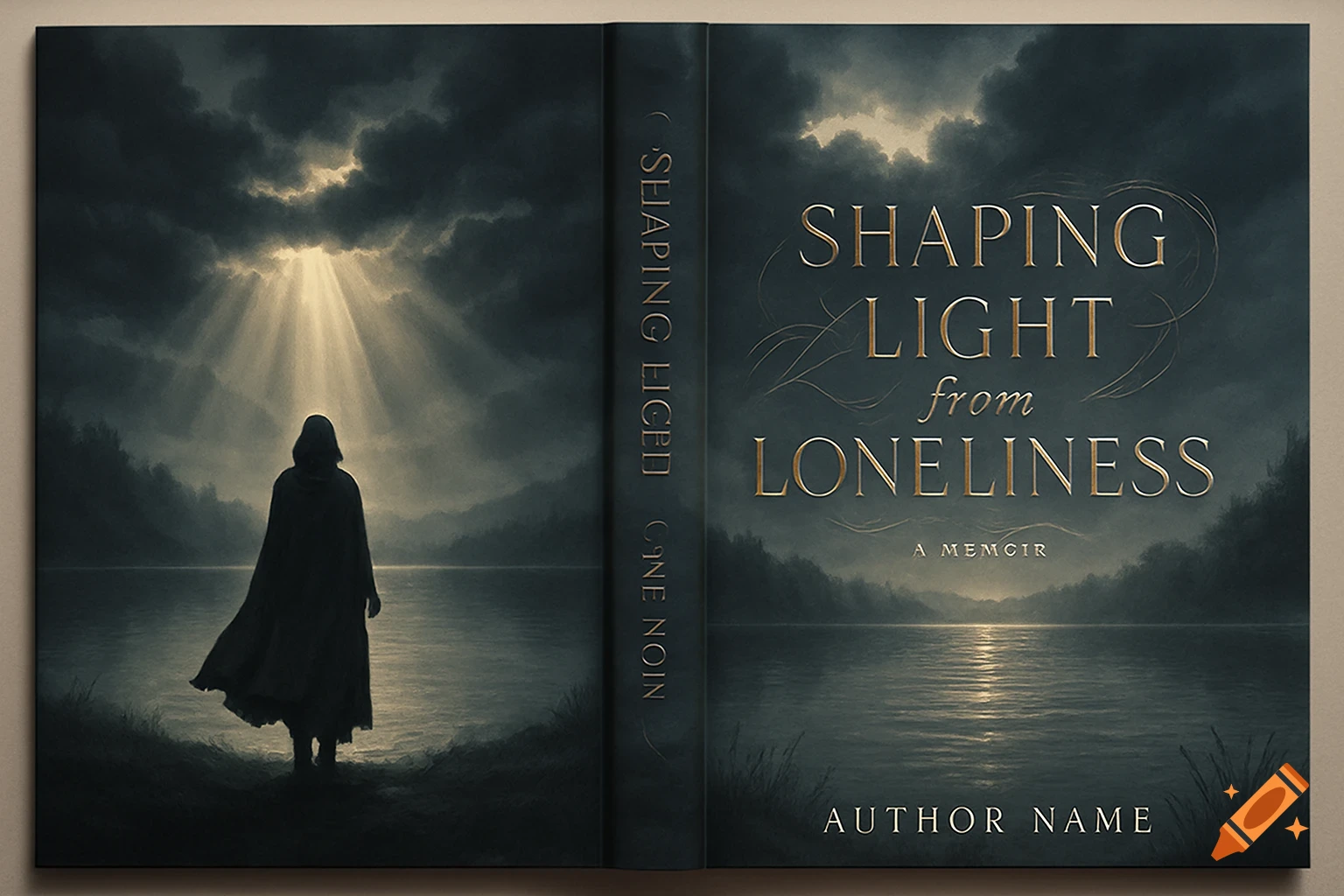 A book cover for 'Shaping Light from Loneliness,' featuring a cloaked figure by a lake looking towards light rays breaking through dark clouds. The spine has garbled text.
