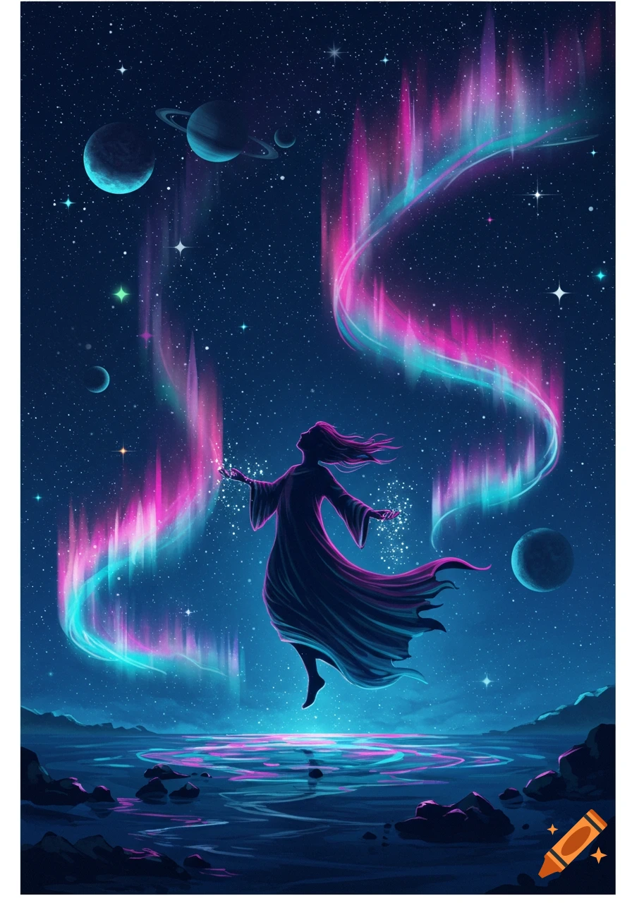 A floating silhouette of a person in flowing robes against a starry cosmic night sky with glowing pink and blue aurora and planets, reflected in water.