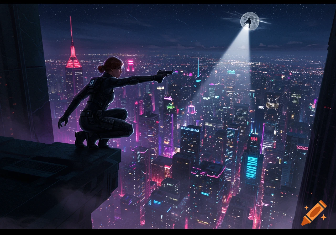 A female agent in a tactical suit crouches on a skyscraper ledge, aiming a pistol over a neon-lit futuristic city at night, with a helicopter in the sky.