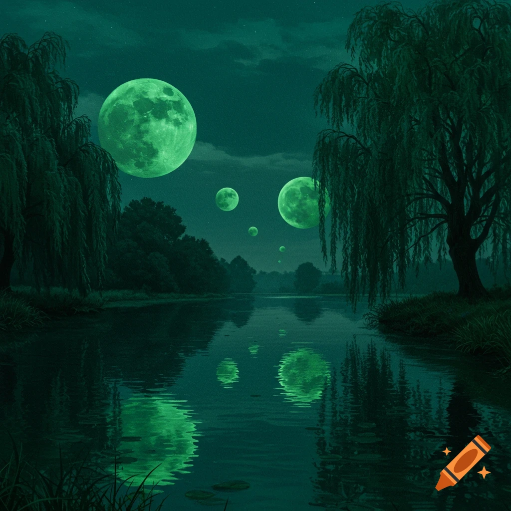A realistic painting of a river flowing between willow trees at night, under a dark sky with several glowing green moons reflecting in the water.