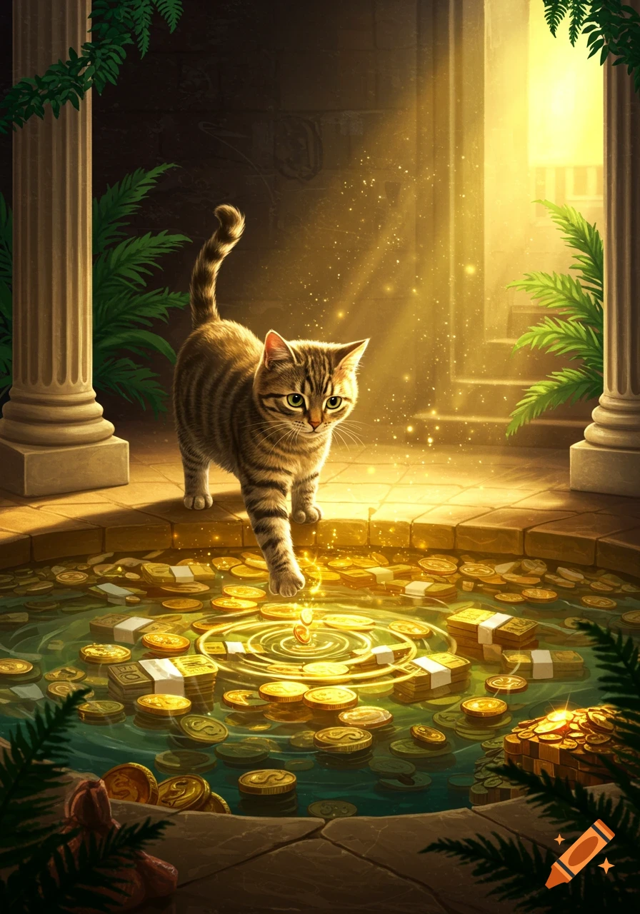 A tabby cat steps into a shimmering pool overflowing with gold coins and stacks of money within a grand, sunlit temple with pillars.