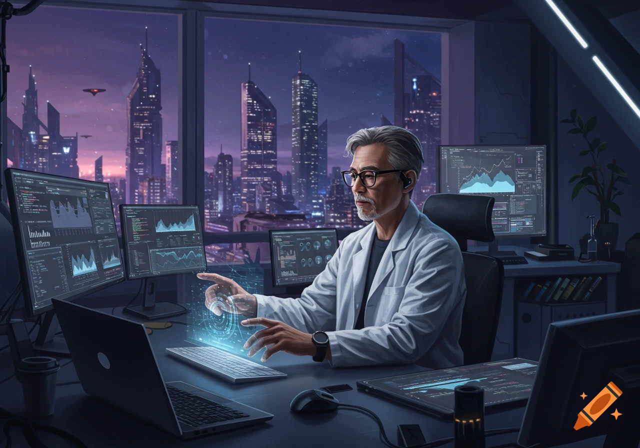 An older computer scientist in a lab coat works at multiple monitors, interacting with a hologram in a futuristic office at night.