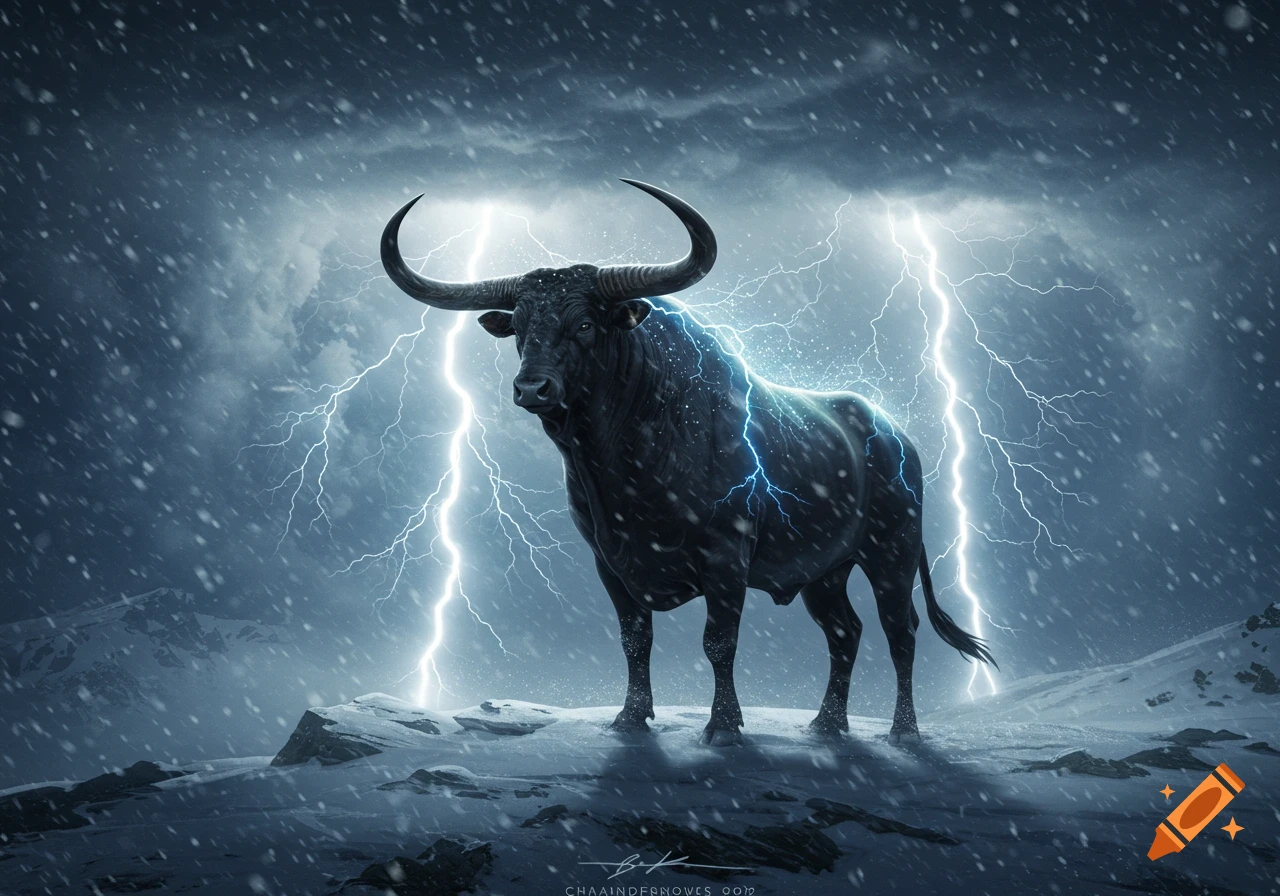 A powerful black bull with large horns stands on a snowy mountain, crackling with blue electricity under a stormy sky with lightning and falling snow.