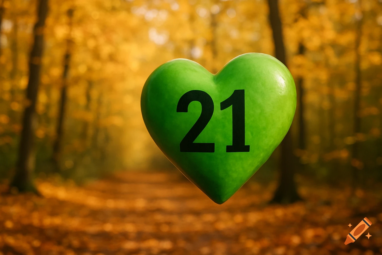 A vibrant green heart with the number '21' in black, against a blurred photorealistic autumn forest with yellow trees.
