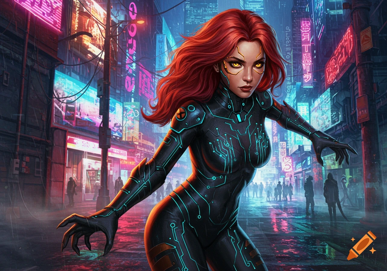 A red-haired character in a black futuristic suit with circuit patterns and golden eyes stands in a neon-lit cyberpunk city.