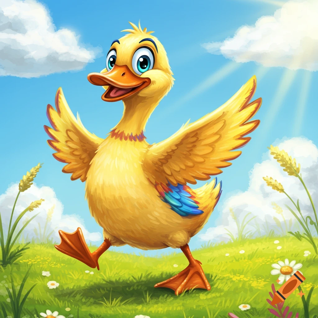 A happy yellow cartoon duck with blue-tipped wings walks in a sunny green field.