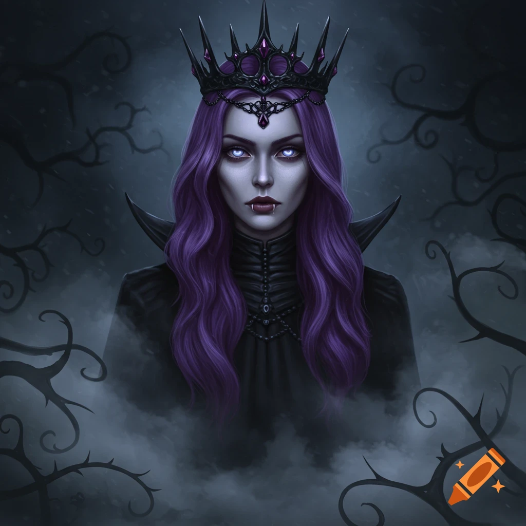 Gothic vampire queen with purple hair, glowing eyes, fangs, and a spiky black crown emerging from eerie fog.