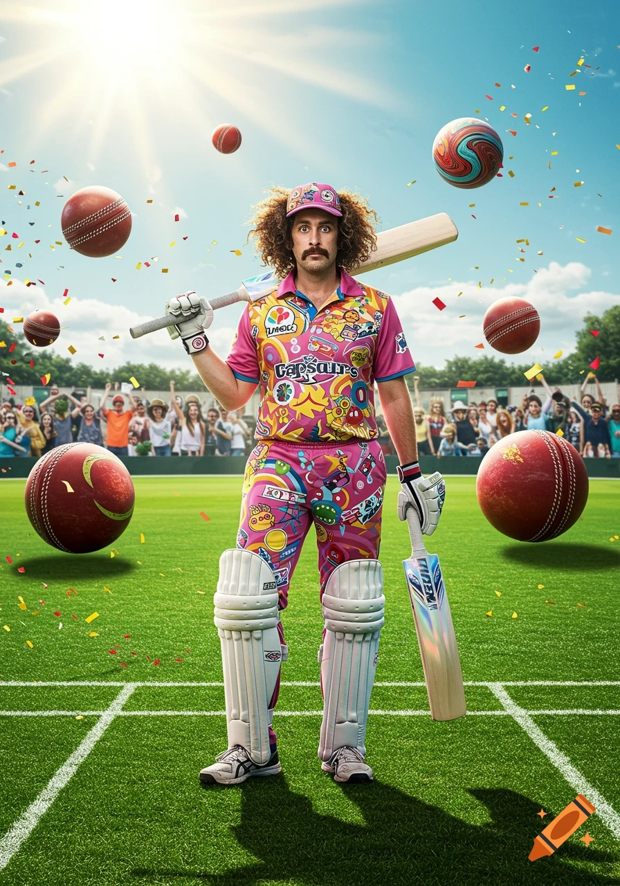 A man with curly hair and a mustache in a vibrant, patterned cricket uniform stands on a green field, holding two bats, with cricket balls and confetti floating around him.