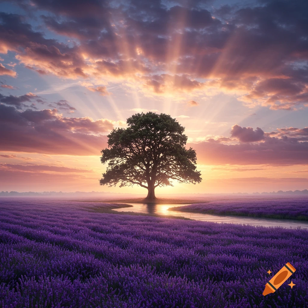 Photorealistic image of a lone tree in a vibrant lavender field with a stream under a dramatic sunrise sky with sunbeams.