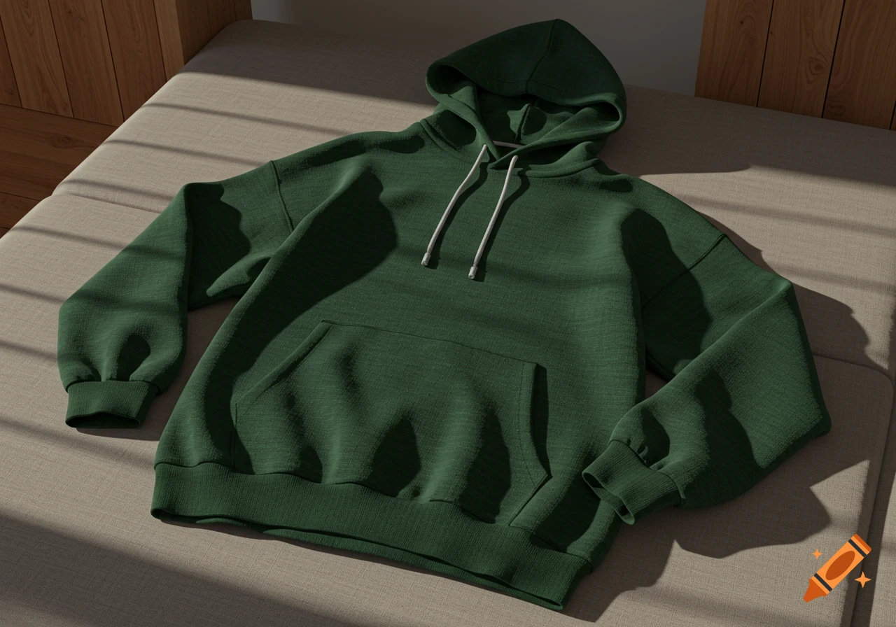 A dark green hoodie with white drawstrings laid flat on a light beige textured surface, partially covered in sunlight and shadows.
