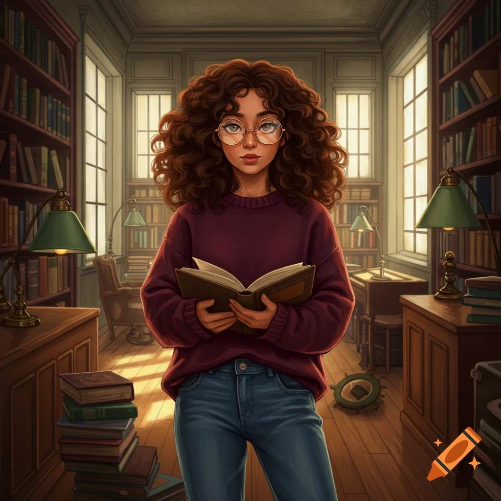 Digital illustration of a curly-haired woman in glasses reading a book in a grand library filled with bookshelves.