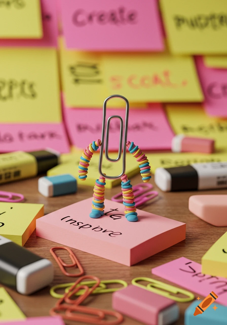 A colorful paper clip figure stands on a pink sticky note that says "inspire," surrounded by other office supplies on a wooden desk.