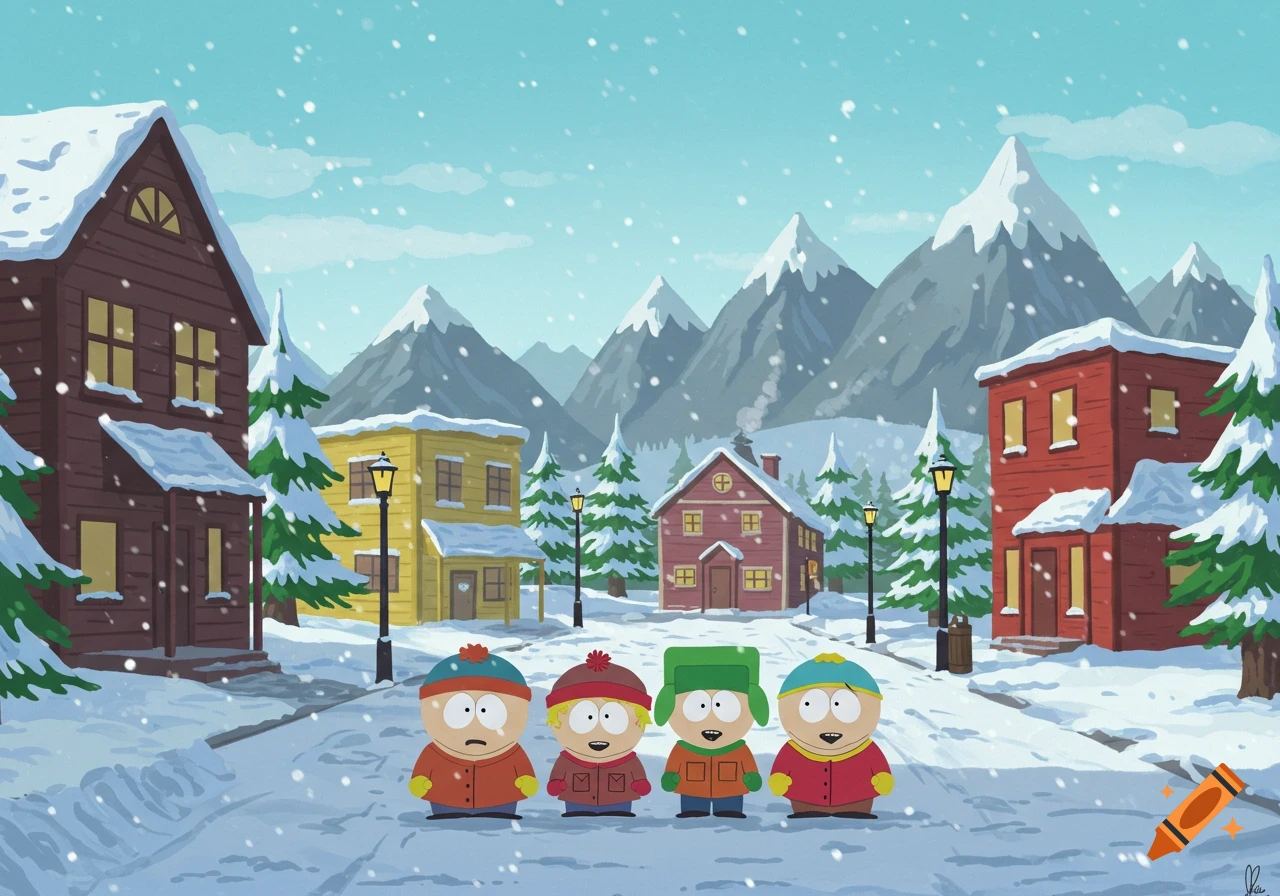 Four South Park characters stand in a snowy street of a mountain town, with colorful houses and snow-capped peaks in the background.