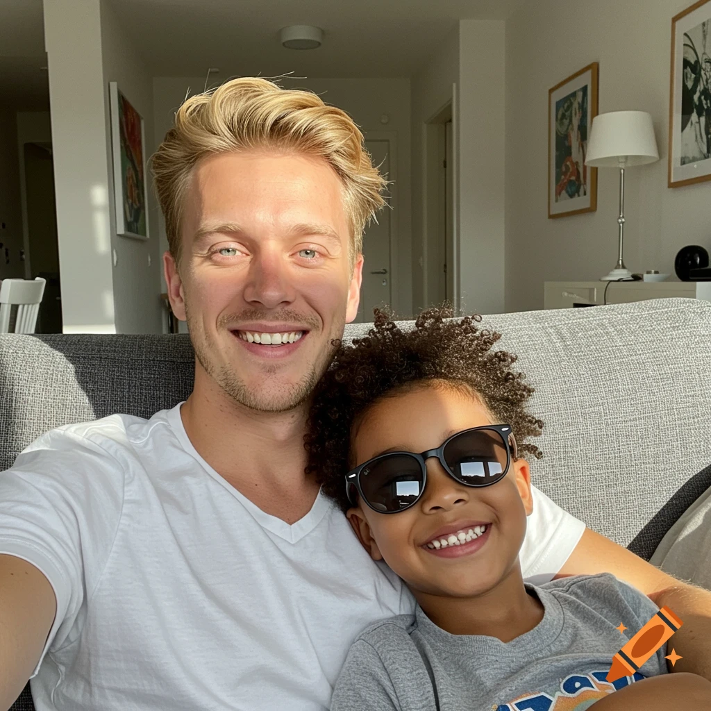 Blonde man and child with afro and sunglasses smile on a couch in a photorealistic selfie.