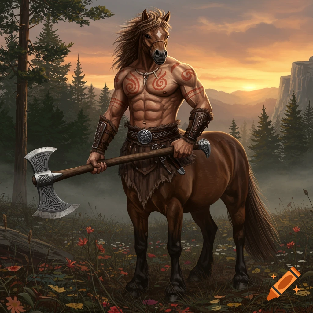 A muscular centaur warrior with a horse head and body holds a large double-bladed axe, standing in a forest clearing at sunset.