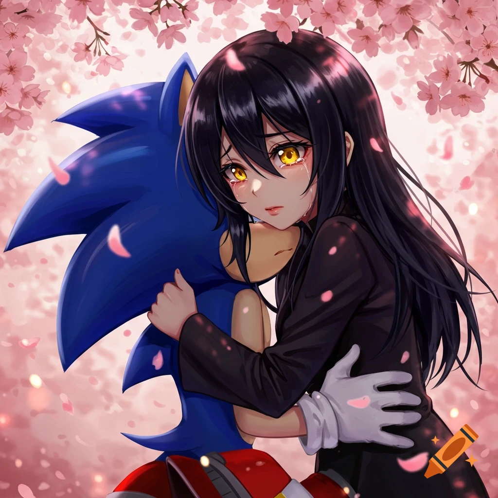 Anime girl with black hair and yellow eyes crying and hugging Sonic the Hedgehog under falling pink cherry blossoms.