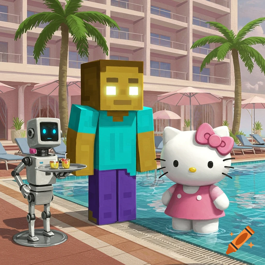 Herobrine and Hello Kitty stand by a swimming pool at a fancy hotel, with a robot butler serving them drinks.