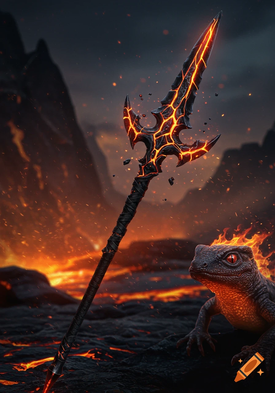 Hyper-detailed fantasy concept art: an obsidian spear with molten cracks in a lava field, a salamander elemental watching.