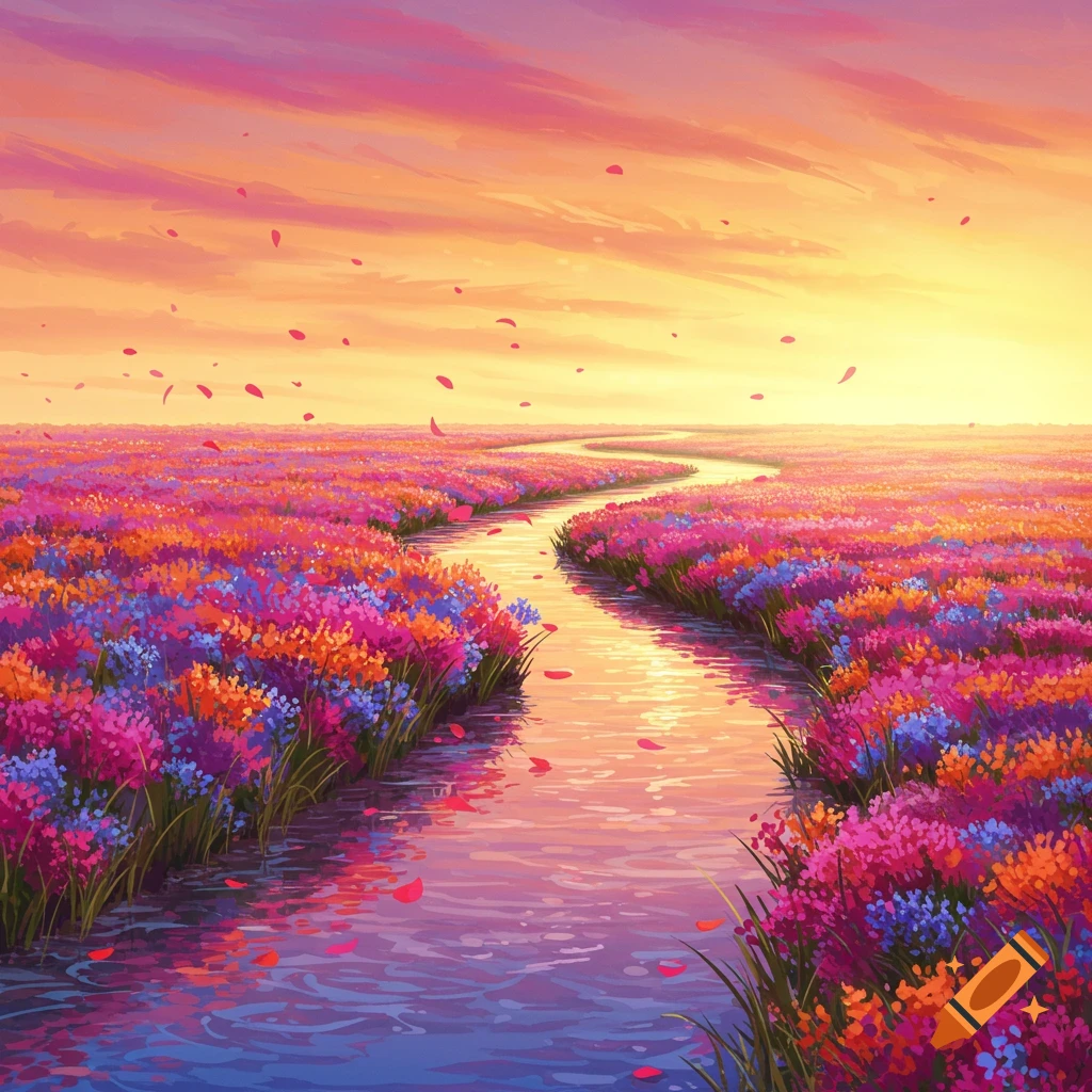 A winding river flows through a vibrant meadow of magenta, orange, and blue flowers under a warm sunset sky with falling petals.