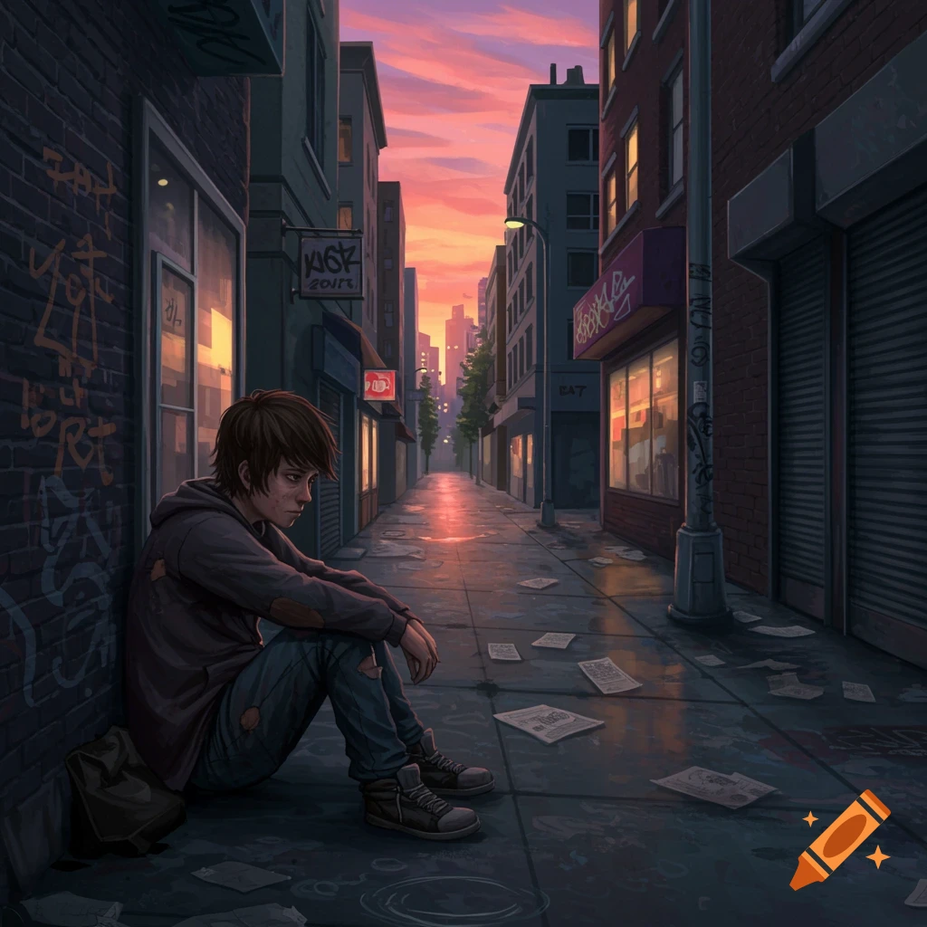 A sad, young man with brown hair sits against a brick wall in a dark city alley at sunset, scattered papers on the ground, digital art.