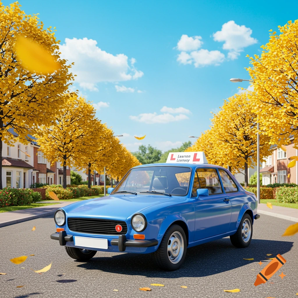 A stylized graphic of a blue vintage car with an L plate on its roof, on an autumn street lined with yellow trees.