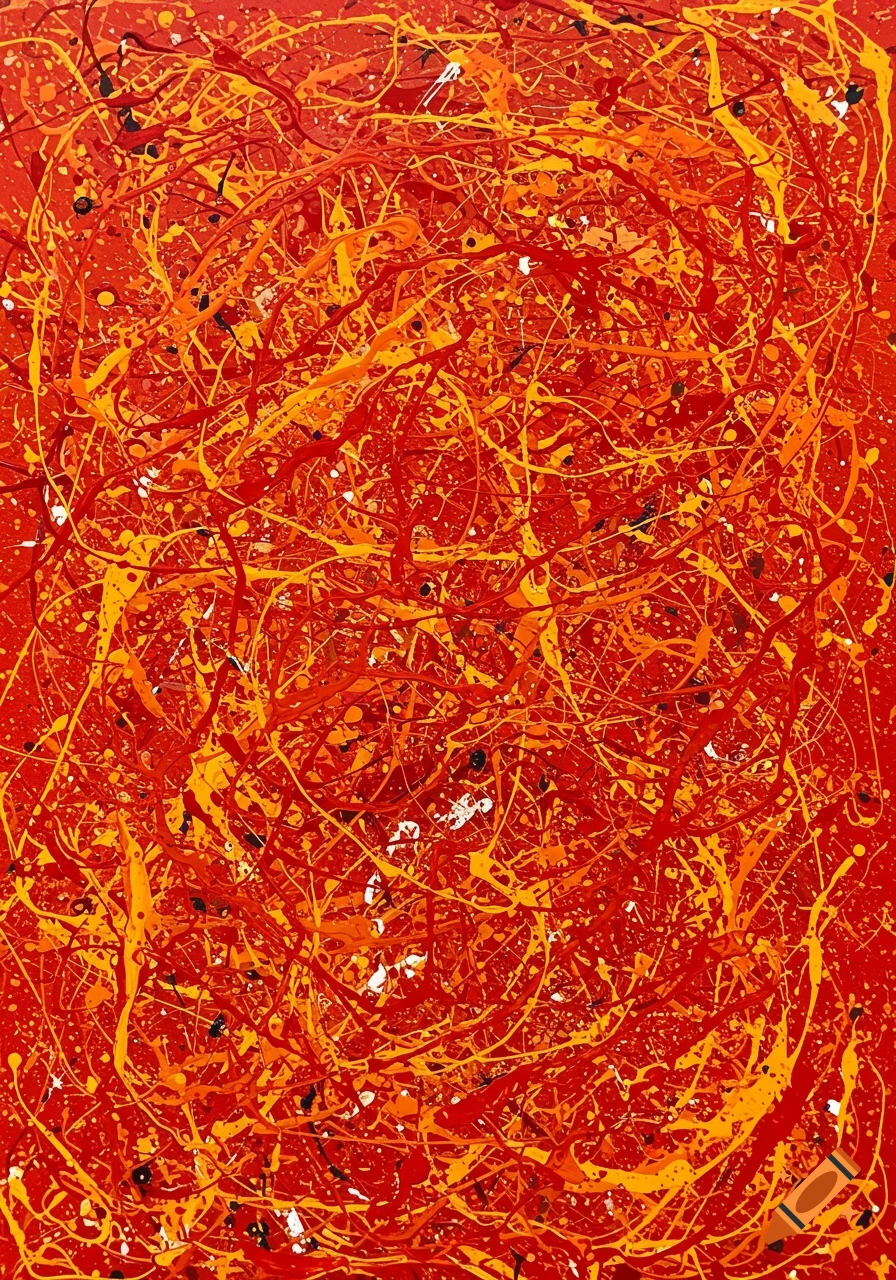 An abstract painting in the style of Jackson Pollock, featuring a chaotic web of red, orange, yellow, and black paint splatters on a red canvas.