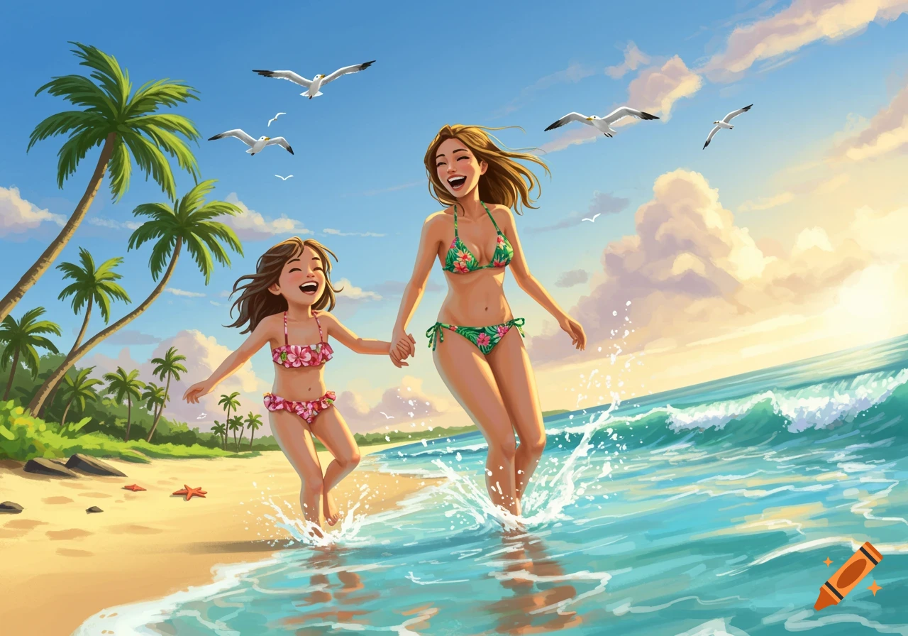Illustrated mother and daughter happily running and splashing in the ocean water on a sunny beach with palm trees and seagulls.