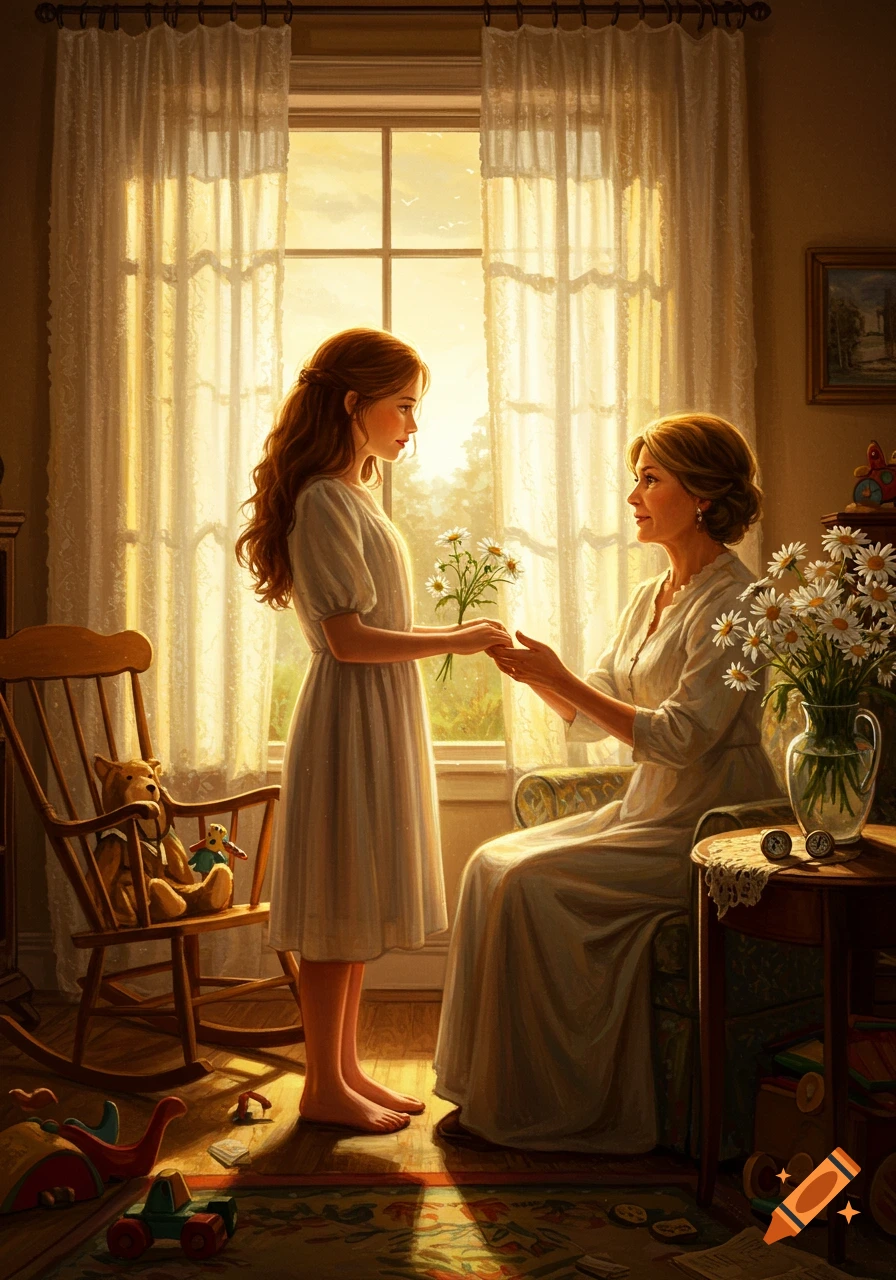 A young woman in a white dress offers flowers to an older woman sitting in a chair, bathed in warm sunlight from a window, in a home setting.