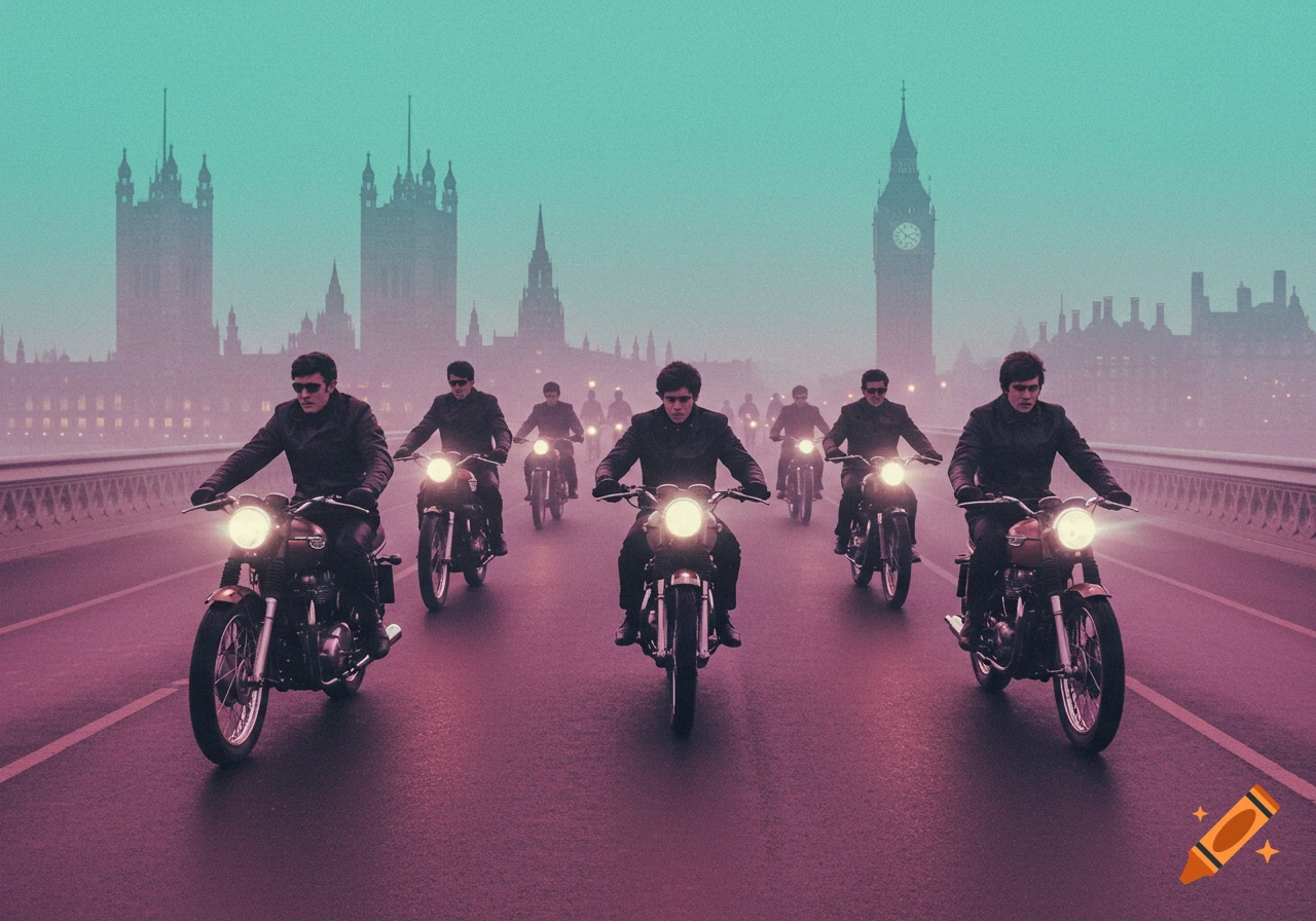 Men on vintage motorcycles ride across a foggy Westminster Bridge in London, with Big Ben and Parliament in the teal background.