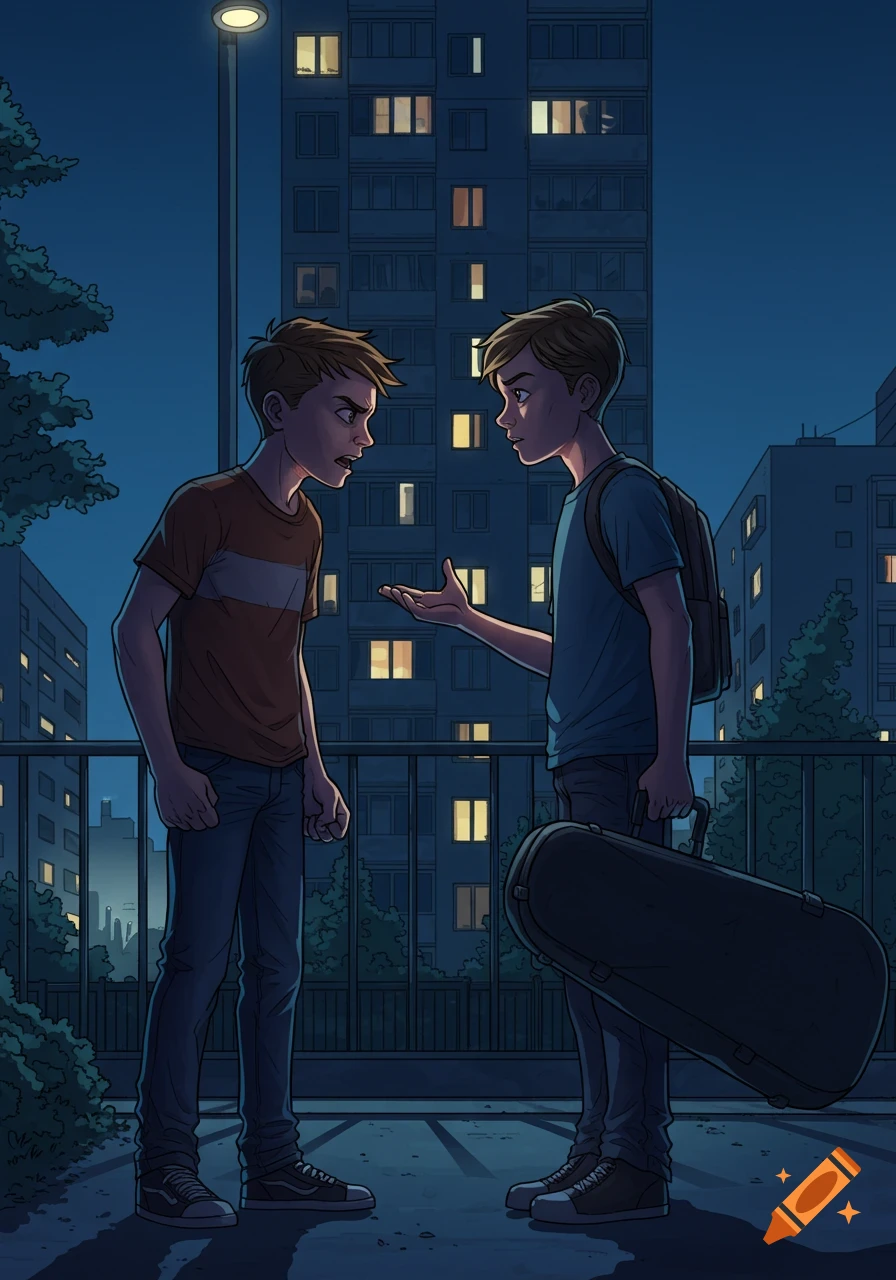 Two illustrated teenage boys talking at night in front of an apartment building, one angry, the other holding a cello case.