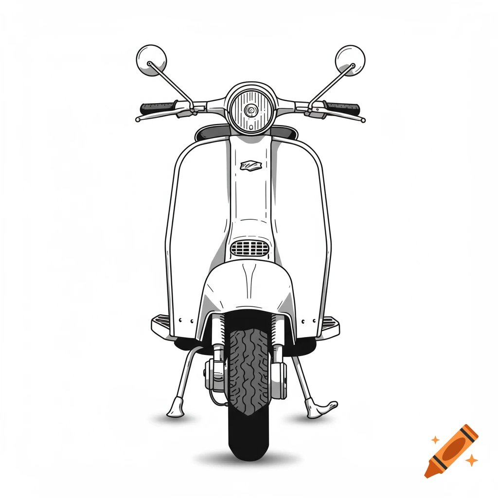 A black and white line art illustration of a Lambretta Series 2 scooter from a front view, centered on a white background.