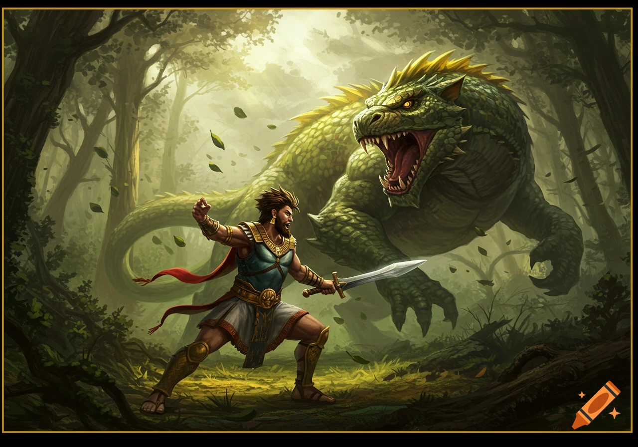 A muscular man with a sword fights a giant green lizard-like monster in a vibrant fantasy forest, digital art style.