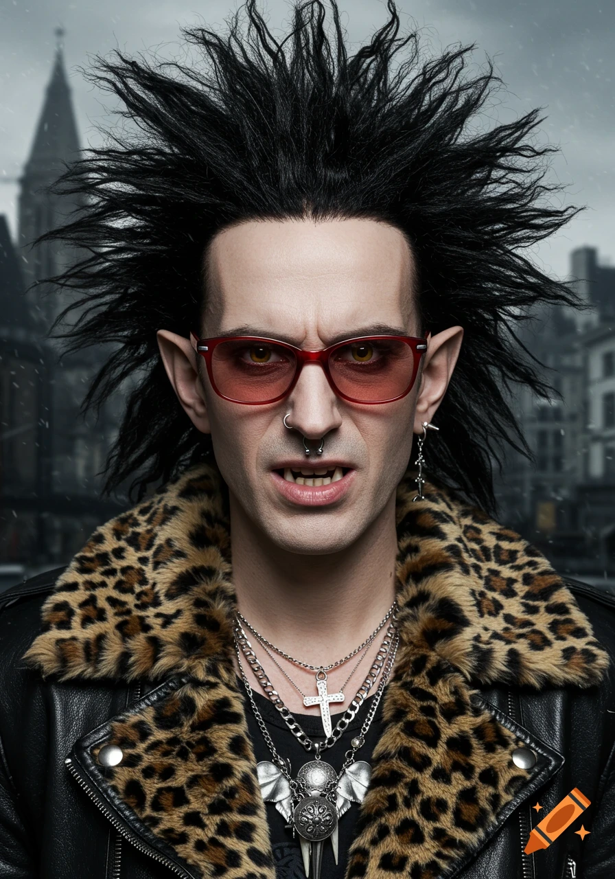 A man with spiky black hair, elf ears, red sunglasses, fangs, and a nose ring, wearing a leather jacket with a leopard print collar.