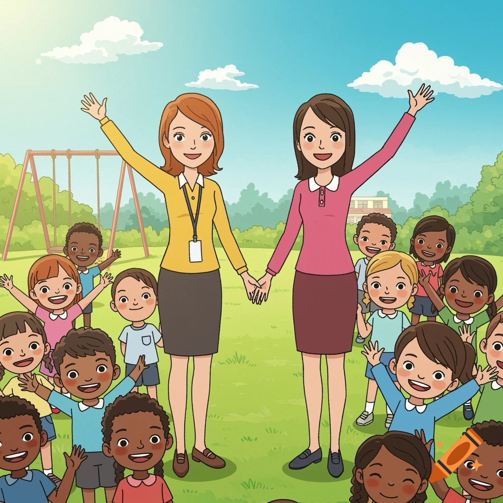 Two cartoon female teachers hold hands and wave, surrounded by diverse, happy children in a sunny playground with a swing set in the background.