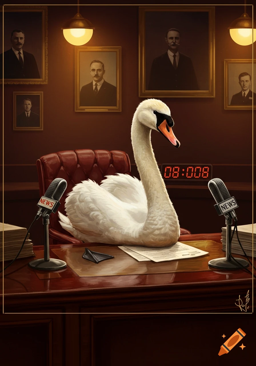 A swan sits formally at a mahogany news desk with two microphones, a digital clock reading 08:008, and portraits of men on the wall. Stylized illustration.
