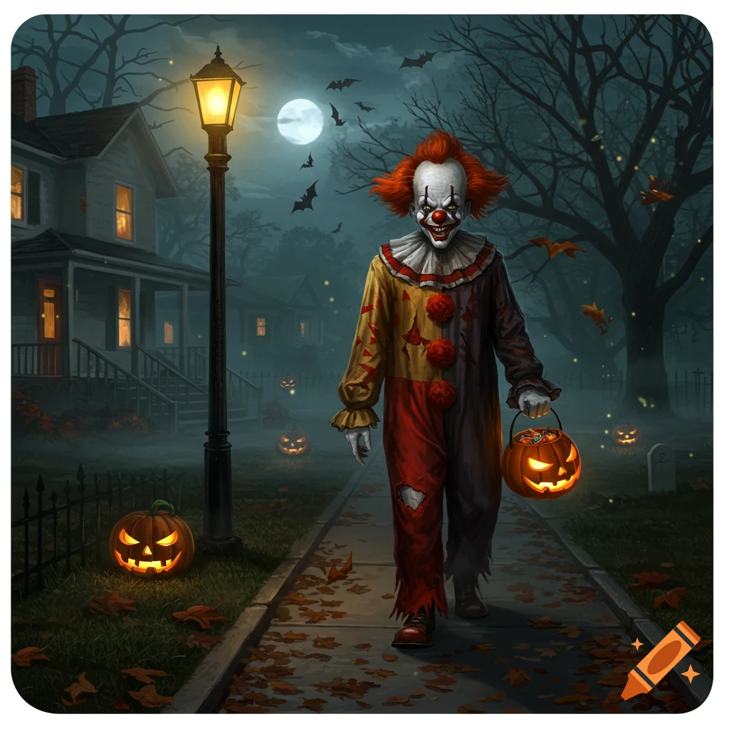 A terrifying clown in a tattered Halloween costume walks down a path, holding a jack-o'-lantern bucket on a moonlit night with bats and glowing pumpkins.