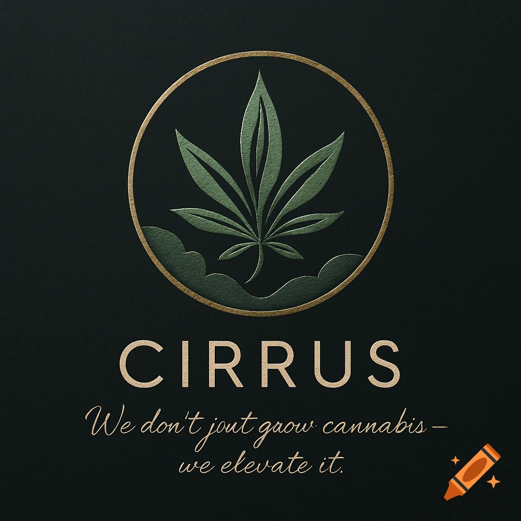 A gold and green cannabis company logo for Cirrus, featuring a stylized marijuana leaf in a circular emblem above the tagline 'We don't jout grow cannabis – we elevate it.'