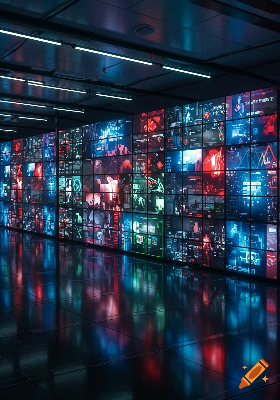 A dark, futuristic control room with a massive wall of glowing, data-filled screens reflecting onto the polished floor.