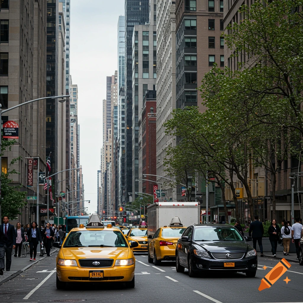 Photorealistic image of yellow taxis driving down a busy New York City street lined with tall buildings.