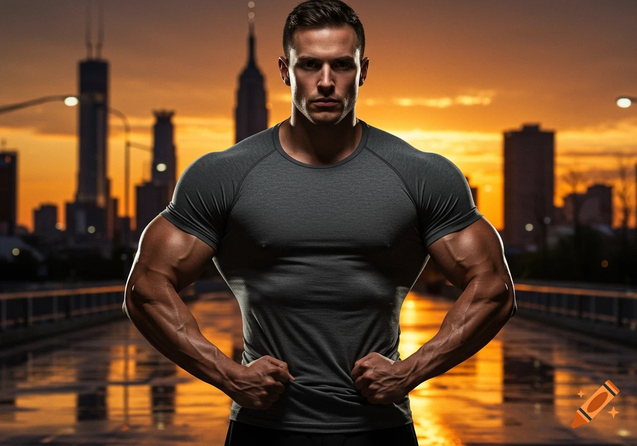 Muscular man in a grey t-shirt flexing against a cityscape at sunset, photorealistic.